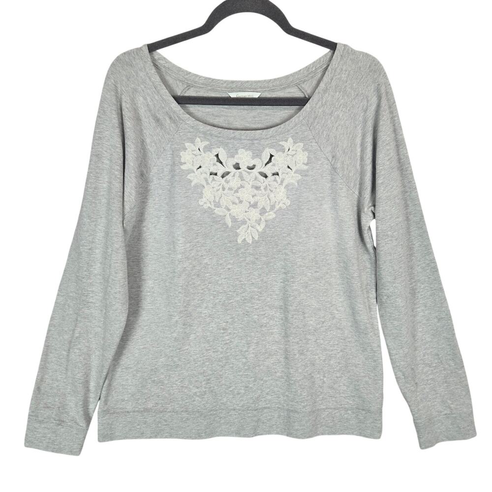 Garnet Hill Womens Gray Long Sleeve Floral Lace Top Coquette Sz L Cotton Stretch